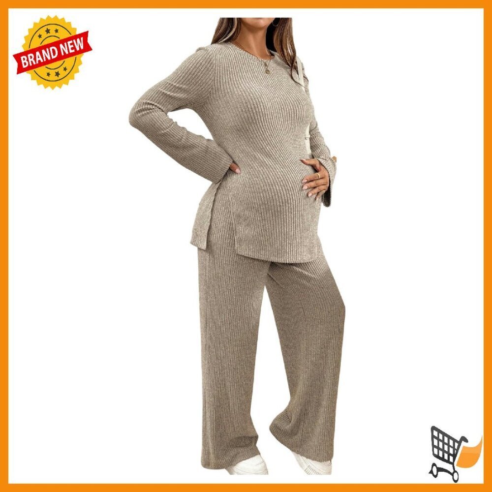 Maternity Ribbed Knit Crew Neck Top & Pants Set 2-Piece Outfit